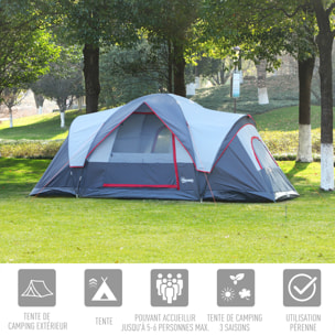 Tente de camping familiale 5-6 pers. - grande porte + 3 fenêtres - fibre verre polyester oxford gris rouge