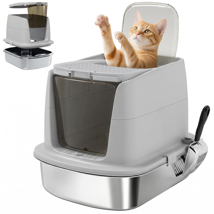 Arenero para Gatos de Acero Inoxidable L, Caja de Arena para Gatos con Tapa Abatible, Pala Metálica, Bolsa Desodorizante, Fácil de Limpiar, Antifugas, Gris Claro