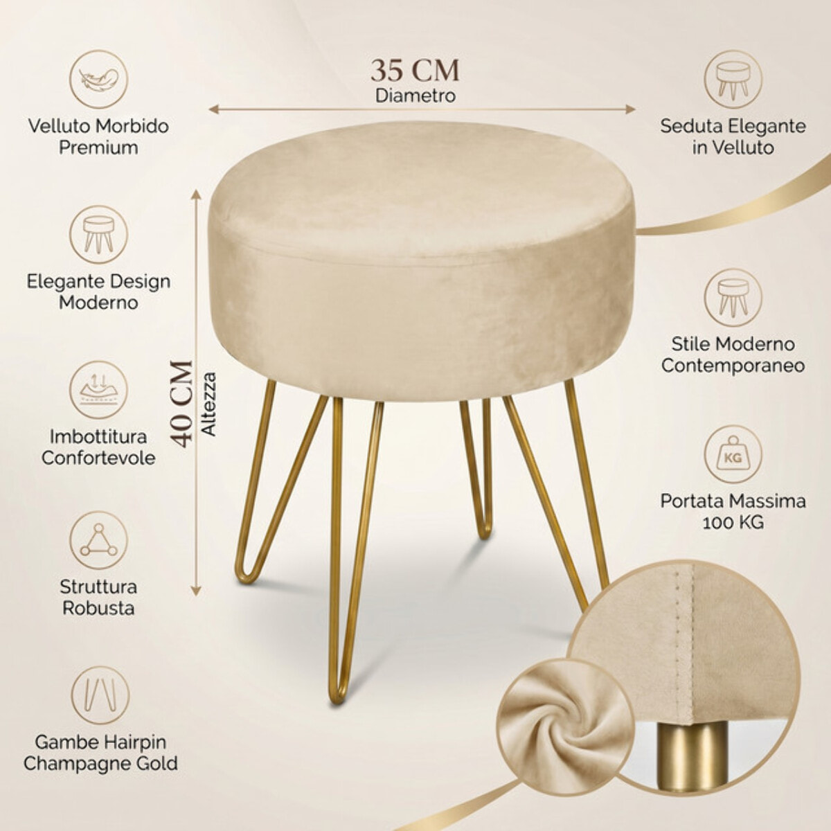 Panca Imbottita in Velluto con Gambe Dorate, Seduta Elegante dal Design Moderno per Camera da Letto, Ingresso, Soggiorno e Fondo Letto