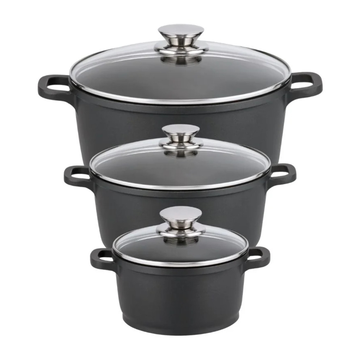 Set de 3 faitouts 16 cm 20 cm et 24 cm sans PFAS avec couvercles en verre Elo Alucast