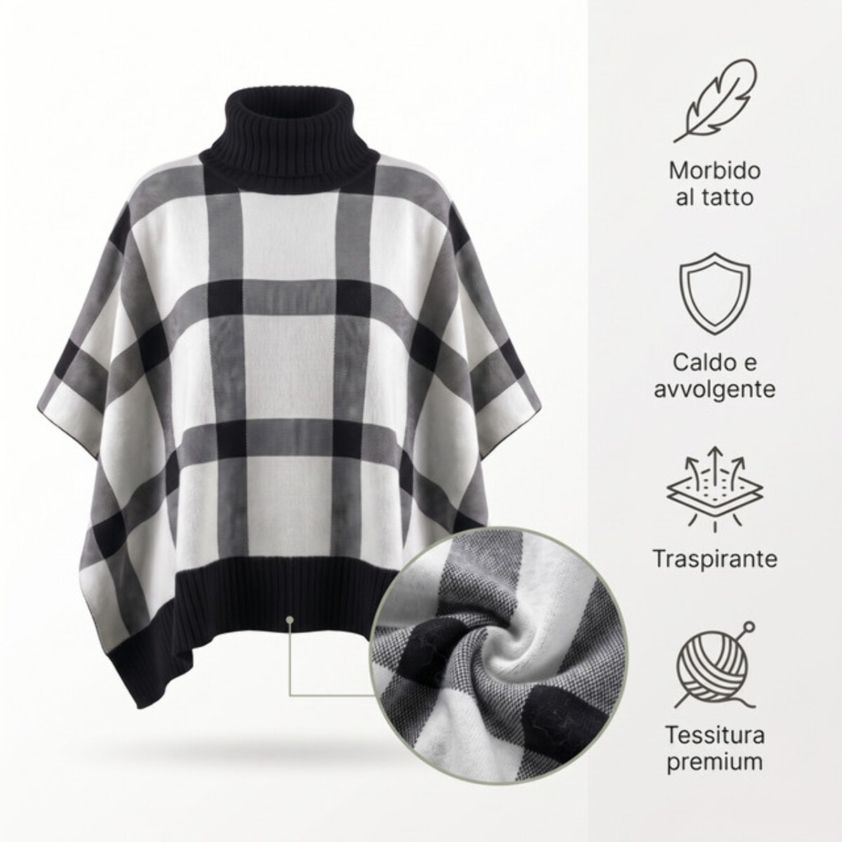 Poncho in maglia in poliestere - Bianco Nero