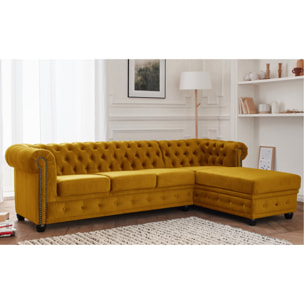 William - canapé Chesterfield d'angle droit - 4 places - en velours - Jaune