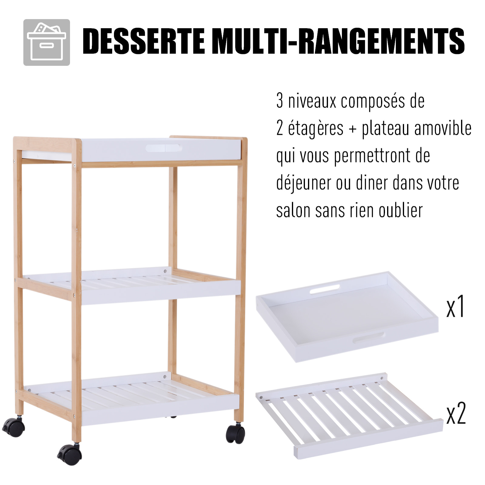 Chariot de service desserte de cuisine à roulettes 2 étagères + plateau amovible bois de pin MDF blanc