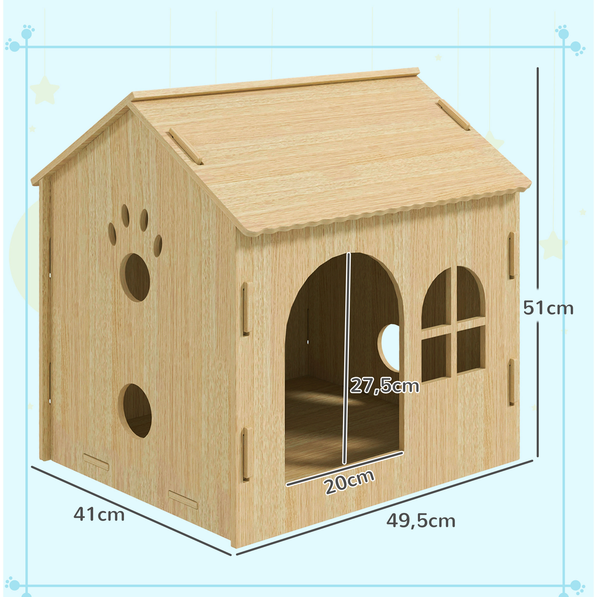 Caseta para Perros Casa para Perros Interior con Ventana Diseño de Garra Hueca Casita para Perros y Gatos 49,5x41x51 cm Roble