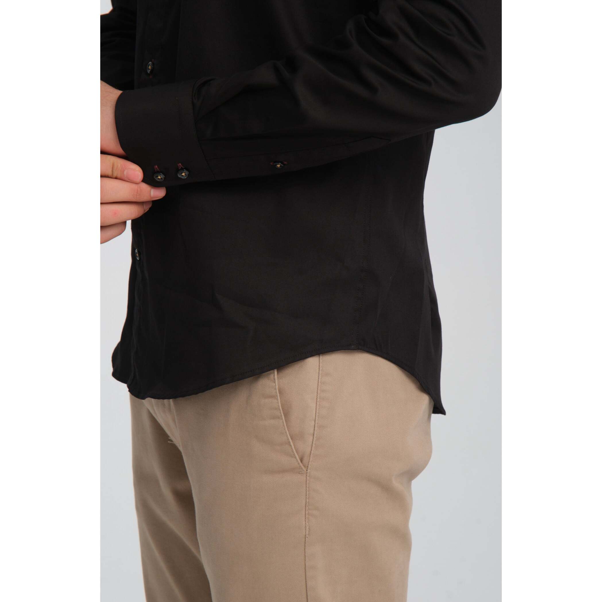 Camicia Uomo 2 Bottoni Button Down Slim Satin Unito Nero