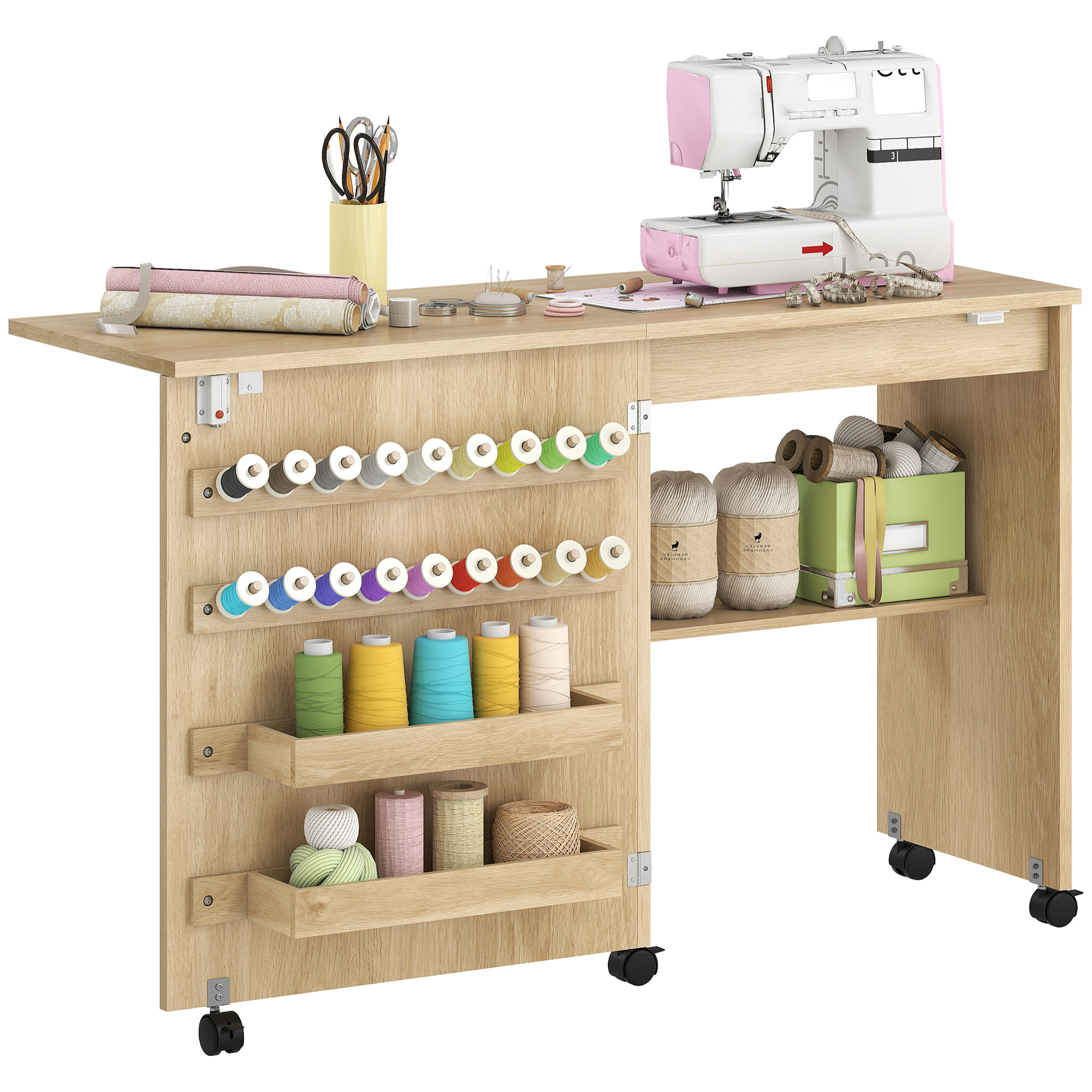 Mesa de Costura Plegable, Mesa Máquina de Coser con Puerta Magnética, 2 Compartimentos, Estante, 18 Soportes para Hilos, 5 Ruedas, Ahorro de Espacio, Natural