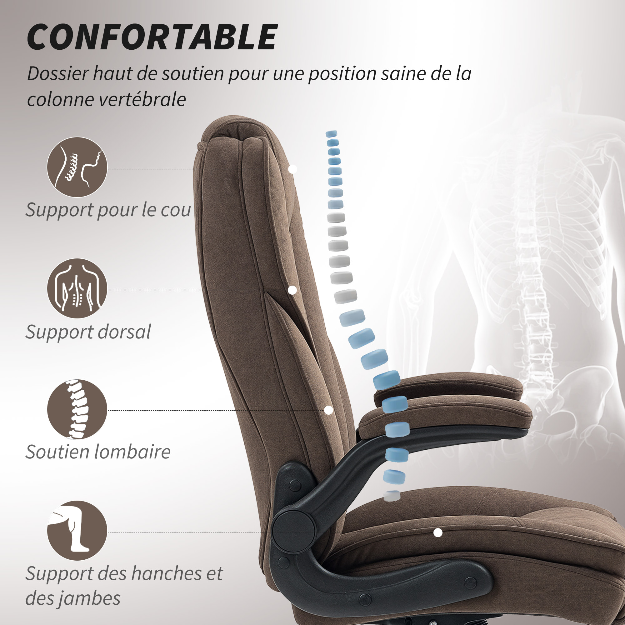 Fauteuil de bureau style Chesterfield réglable accoudoirs rabattables velours chocolat