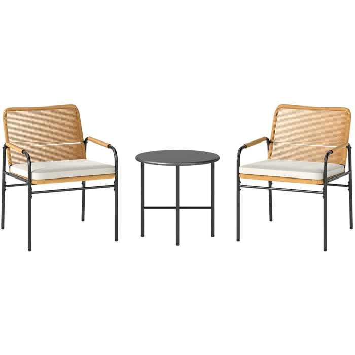 Conjunto de Jardín Exterior de 3 Piezas Muebles de Jardín con 2 Sillas con Cojines Extraíbles Lavables y Mesa de Terraza con Tablero de Metal Resistente para Balcón Patio Natural y Crema