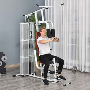 Station de musculation - entrainement complet - développé couché, butterfly, barre latissimus, curler, bande résistance - 10 contrepoids - acier blanc