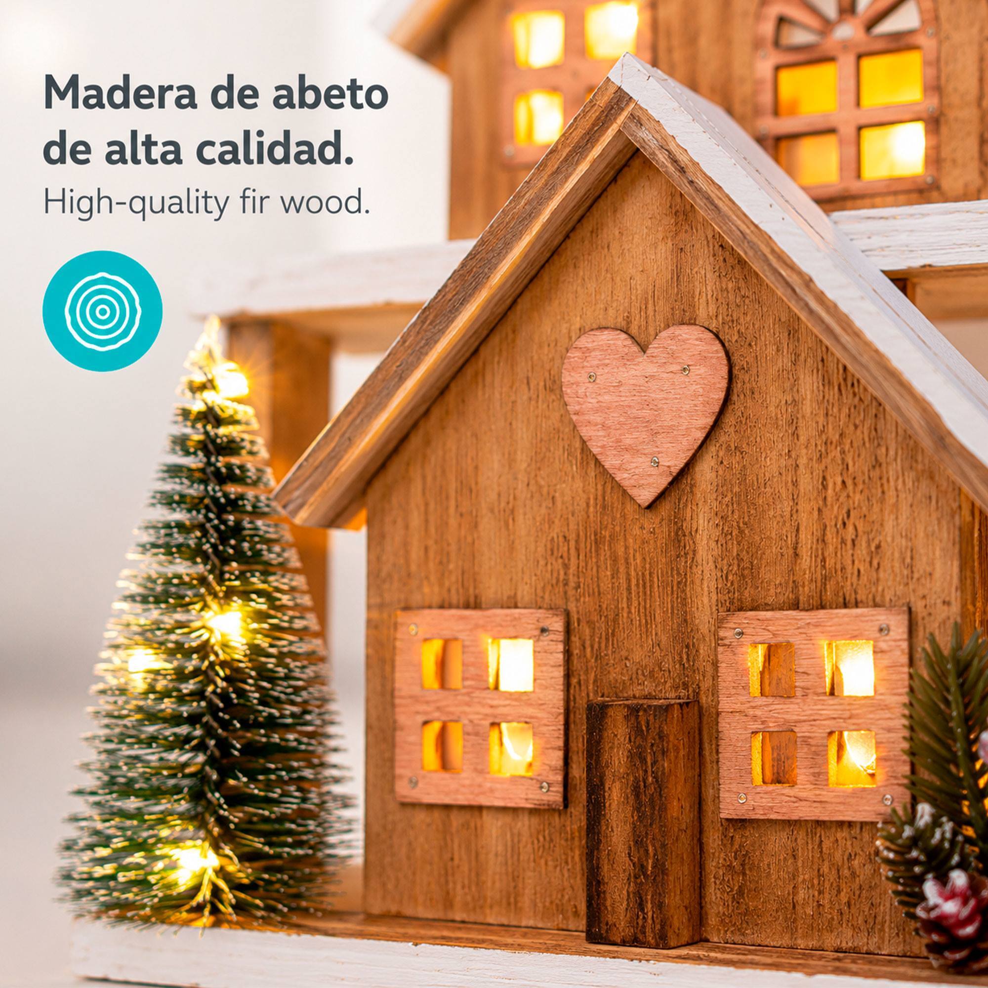 Casa navideña de madera con led blanco cálido y 4 árboles nevados, temporizador 6h 26x10x36 cm