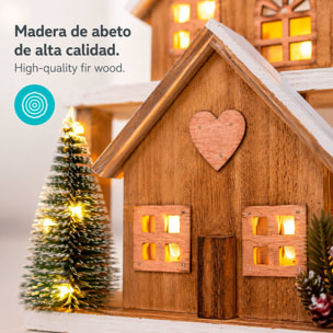 Casa navideña de madera con led blanco cálido y 4 árboles nevados, temporizador 6h 26x10x36 cm