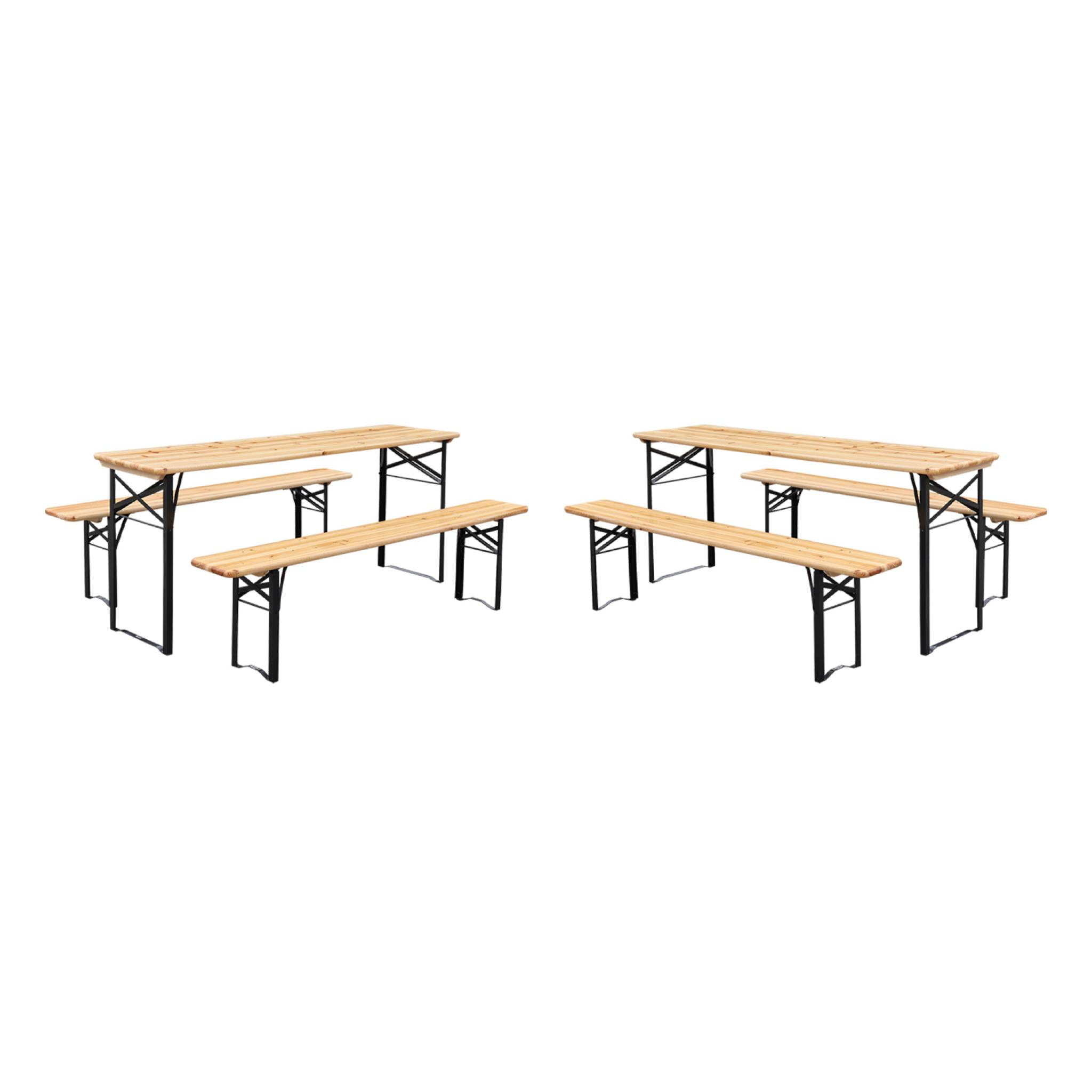 Lot de 2 tables de réception pliantes bois de sapin 2 bancs naturel Bayonne esprit brasserie 12 places