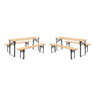 Lot de 2 tables de réception pliantes bois de sapin 2 bancs naturel Bayonne esprit brasserie 12 places