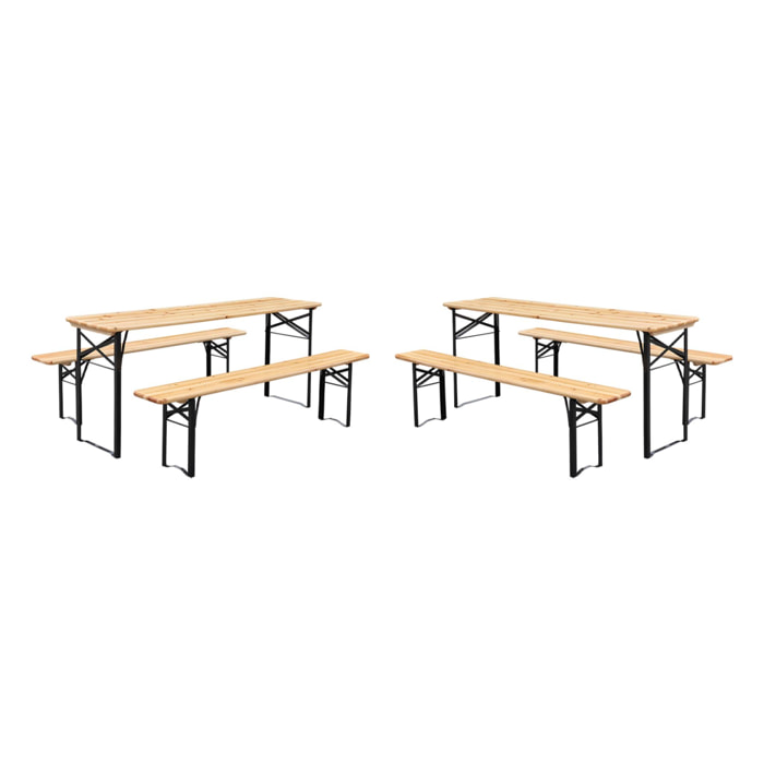 Lot de 2 tables de réception pliantes bois de sapin 2 bancs naturel Bayonne esprit brasserie 12 places