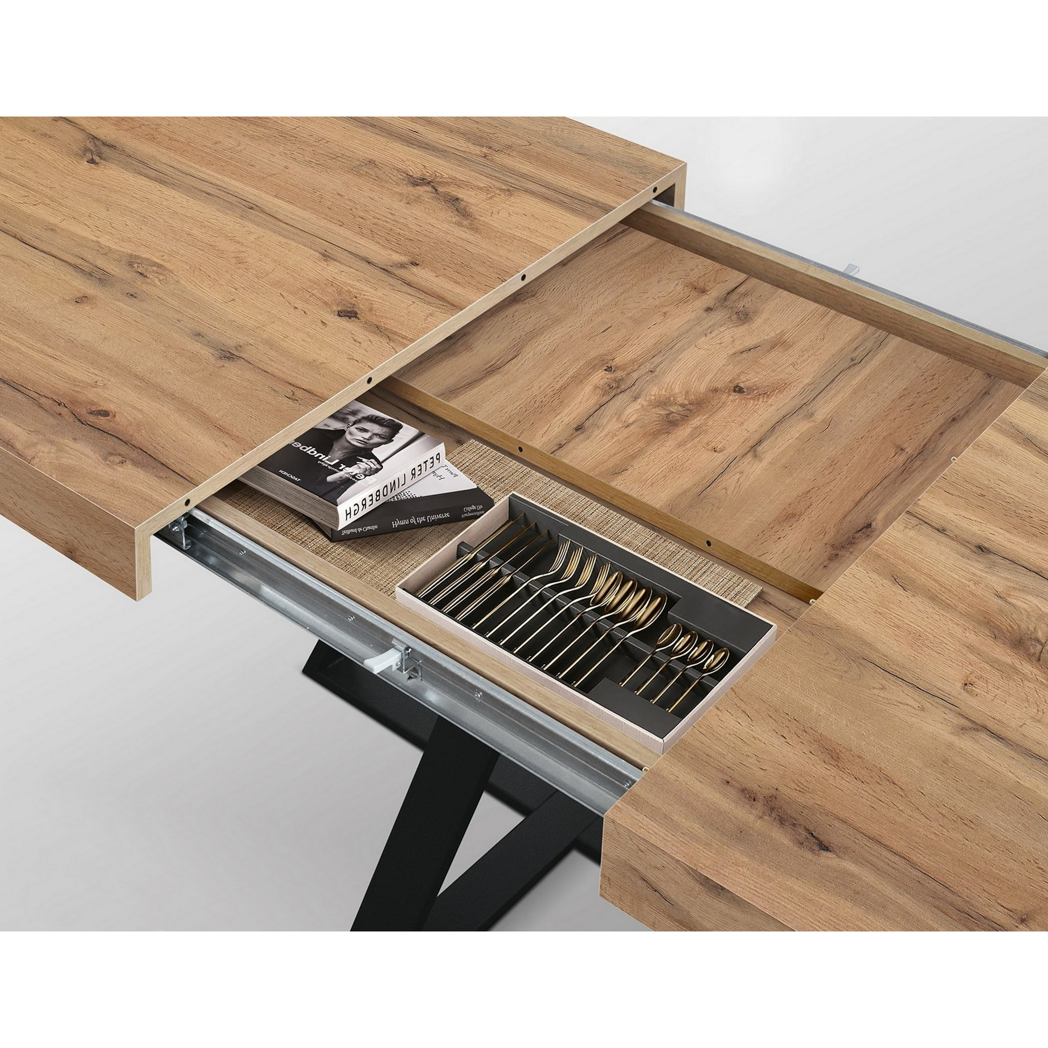 Tavolo FORTE DEI MARMI in legno, finitura rovere rustico e base a X in metallo antracite, allungabile 95x90 cm - 145 x 90 cm