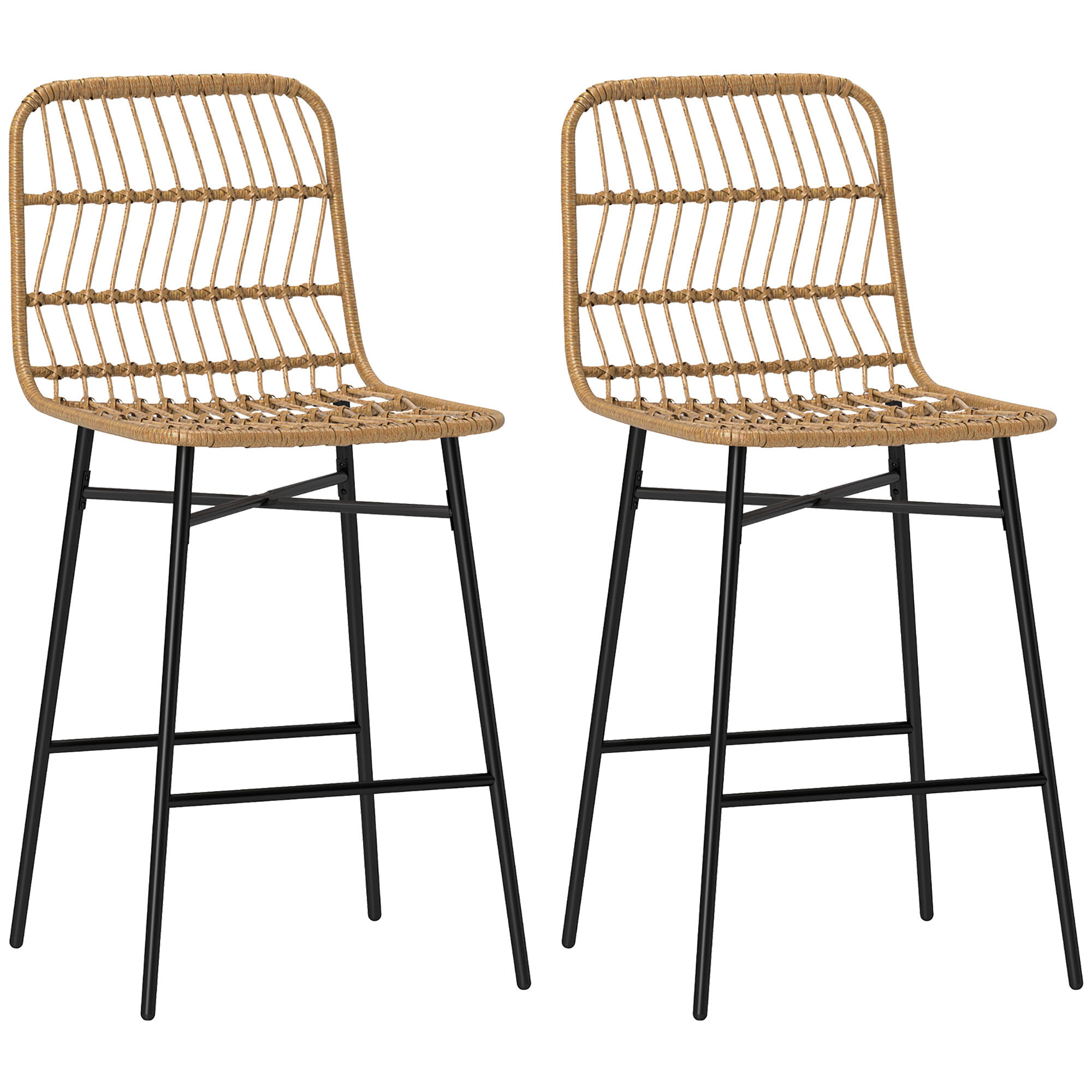 Conjunto de 2 Taburetes Altos de Cocina Taburetes de Bar con Respaldo y Asiento de Ratán Carga 120 kg Sillas de Bar Modernas para Cocina Comedor Marrón
