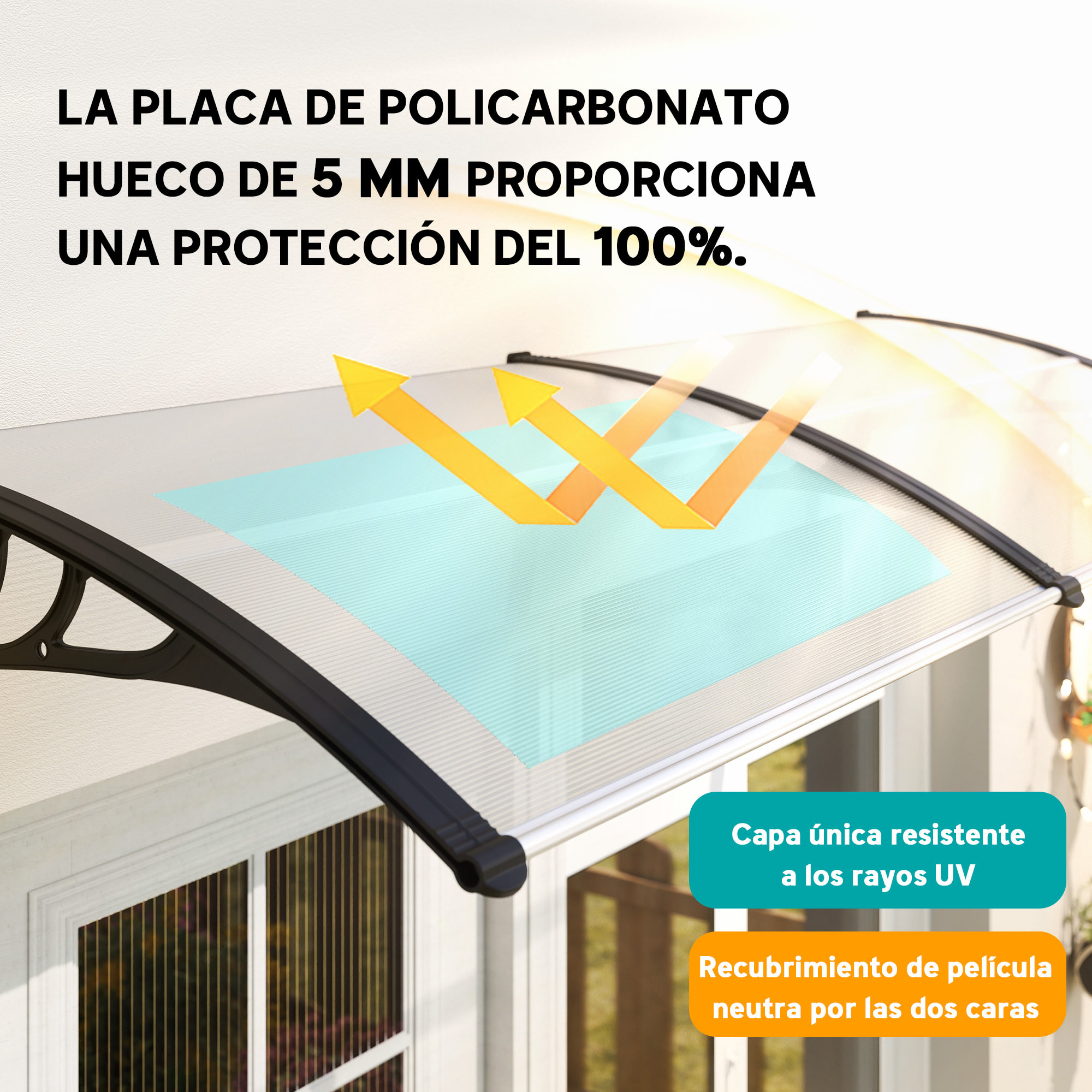 Marquesinas Exterior para Puertas y Ventanas, 195x75 cm, Tejadillo de Protección contra Sol y Lluvia, con Cubierta de Policarbonato, Soporte de Aleación de Aluminio, Blanco