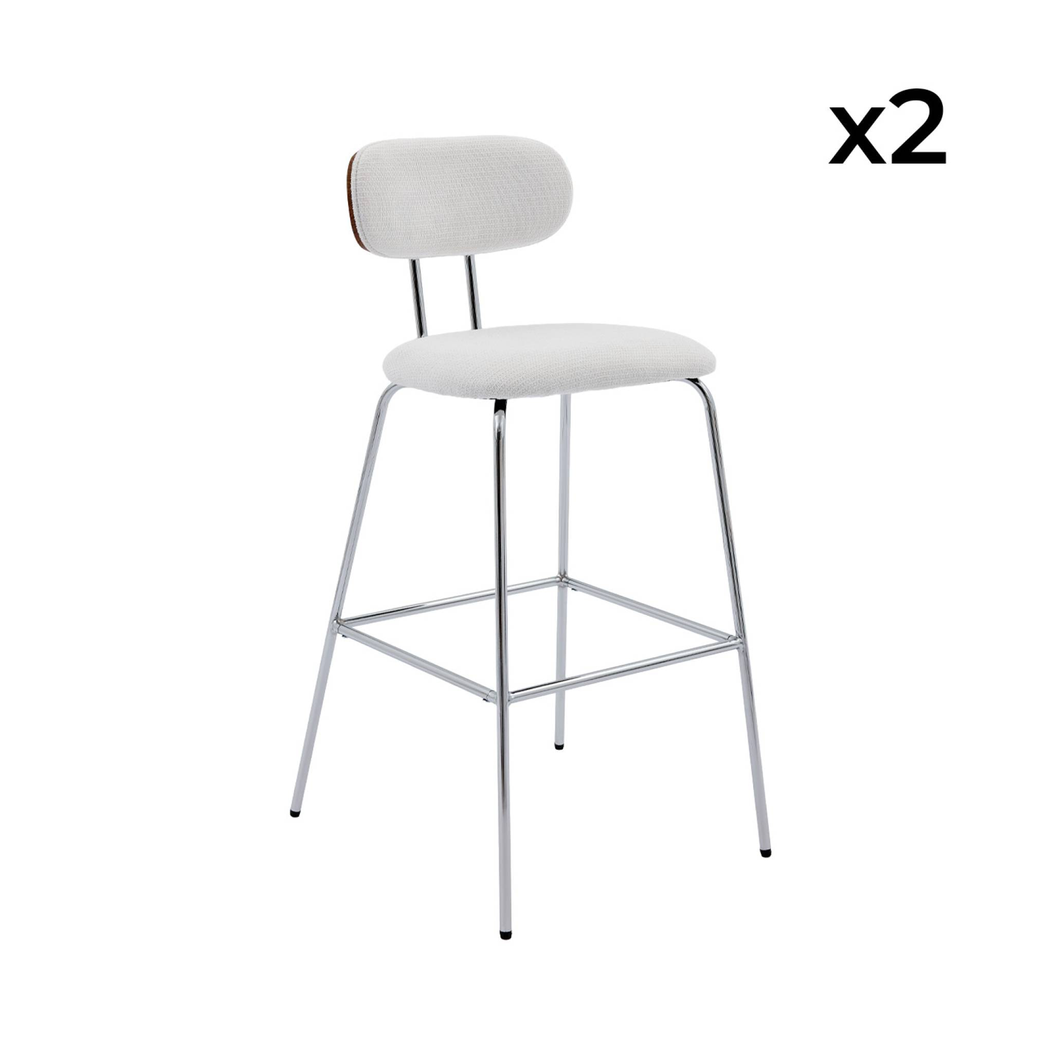 2 tabourets de bar décor bois courbé teinté noyer et tissu déperlant blanc. pieds métal chromé - L 44 x P 51 x H 103cm - Erin