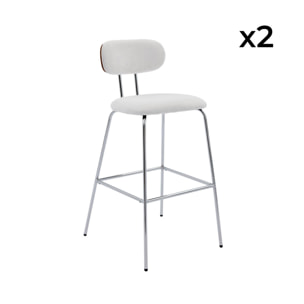 2 tabourets de bar décor bois courbé teinté noyer et tissu déperlant blanc. pieds métal chromé - L 44 x P 51 x H 103cm - Erin