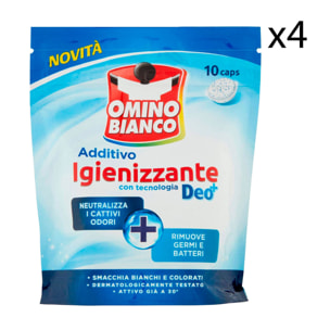 4x Omino Bianco Additivo Igienizzante con Tecnologia DEO+ - 4 Confezioni da 10 Capsule