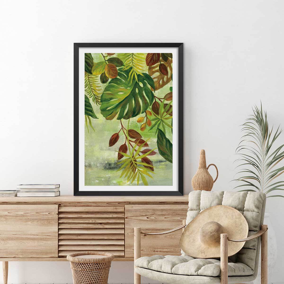 Poster Feuillage tropical Affiche + cadre en bois - Noir