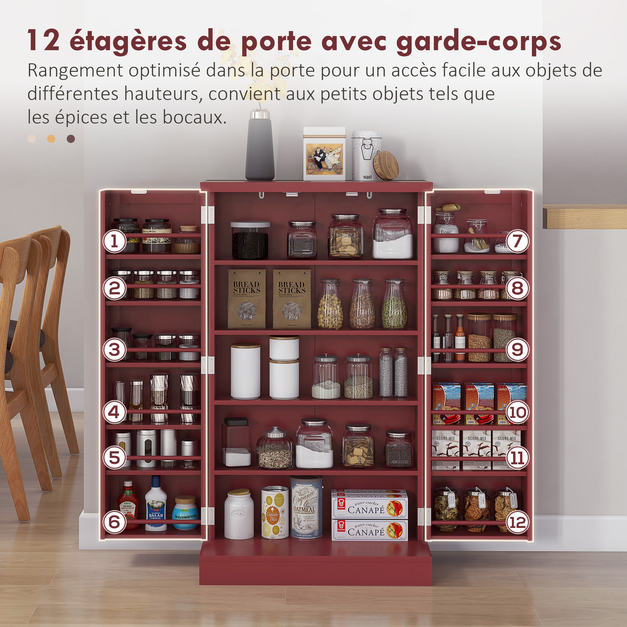 Armoire de cuisine 2 portes total 14 étagères - dim. 60L x 30l x 104H cm - MDF bordeaux
