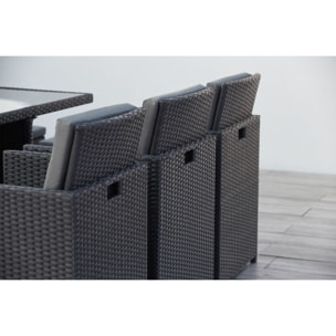 Table et chaises 10 places encastrables en résine noir/gris DALMA