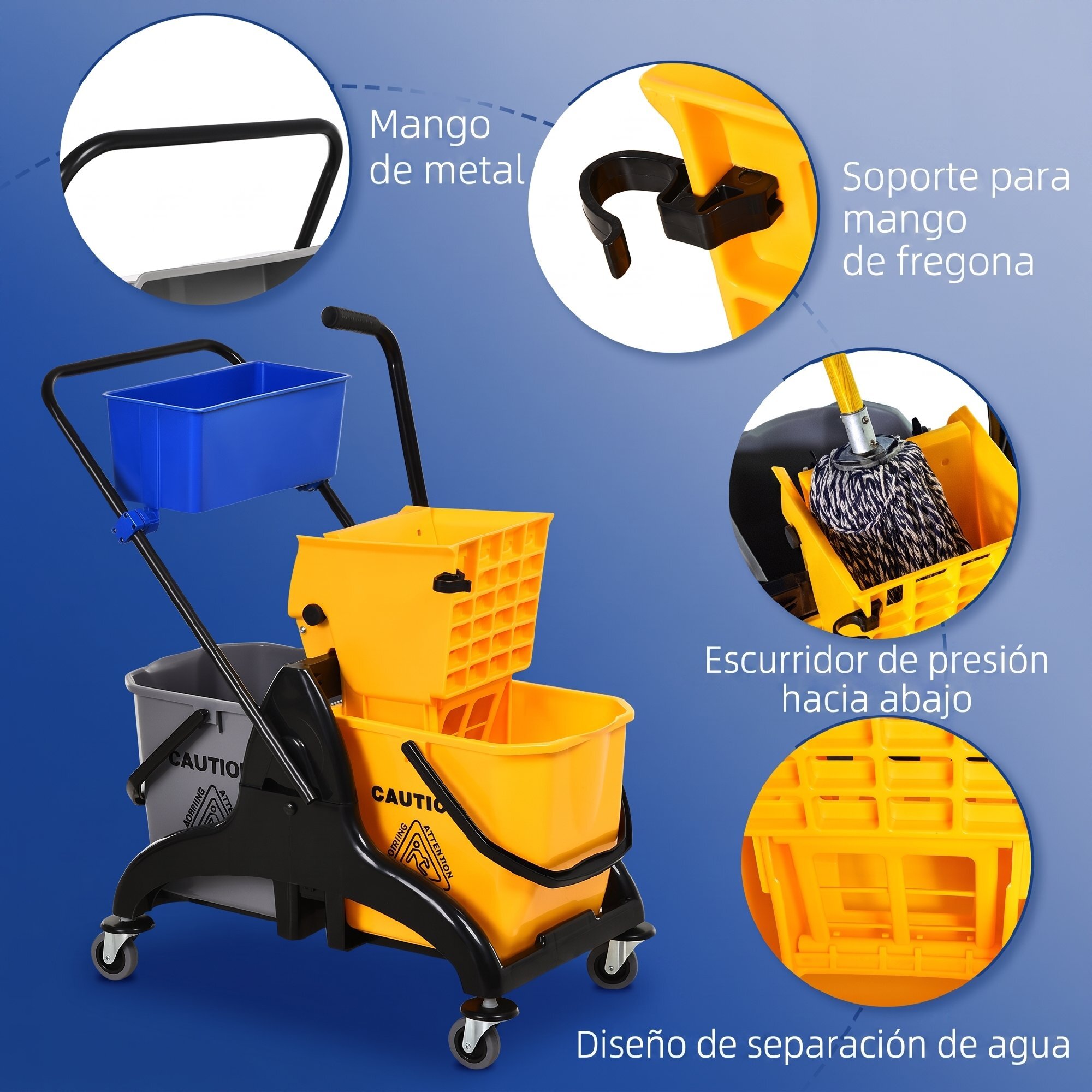 Cubo de Fregona con Ruedas, 26 L, Cubo de Fregar con Sistema de Escurridor de Presión Lateral, Asa de Transporte y Doble Cubetas Separadas para Doméstico y Comercial, Amarillo y Azul