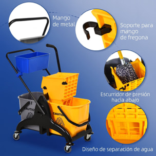 Cubo de Fregona con Ruedas, 26 L, Cubo de Fregar con Sistema de Escurridor de Presión Lateral, Asa de Transporte y Doble Cubetas Separadas para Doméstico y Comercial, Amarillo y Azul