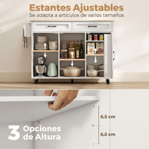 Isla de Cocina con Encimera Extensible, Carro de Cocina con Ruedas, 2 Cajones, 3 Armarios, Estantes en la Puerta, Toallero y Estantes Ajustables, para Comedor, Blanco