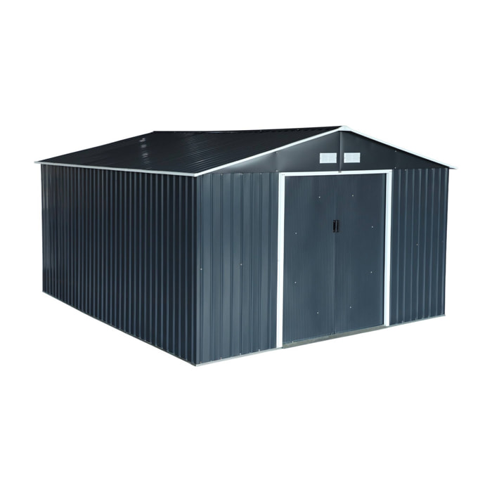 Abri de jardin en métal - Slack - 12.99 m² anthracite - Deux portes coulissantes. kit de fixation sol inclus. L 341 x 386 x 211cm