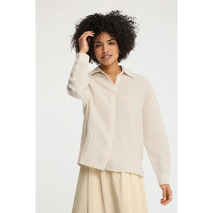 Camisa de rayas beige con efecto arrugado de corte holgado y bordado Rigby Go