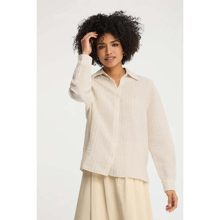 Camisa de rayas beige con efecto arrugado de corte holgado y bordado Rigby Go