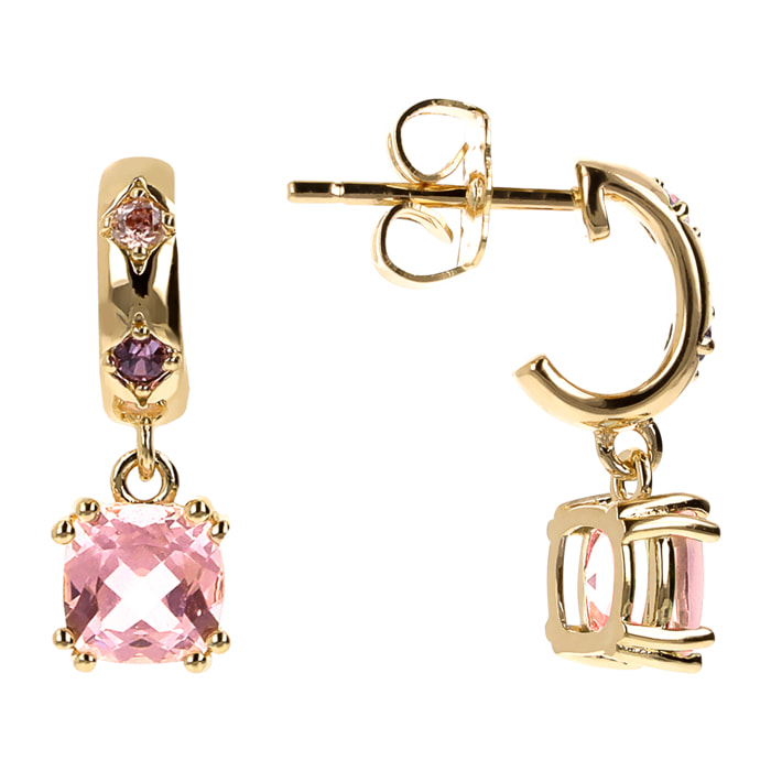 Orecchini Pendenti Étoile Golden con Prisma Gem Rosa Taglio a Cuscino