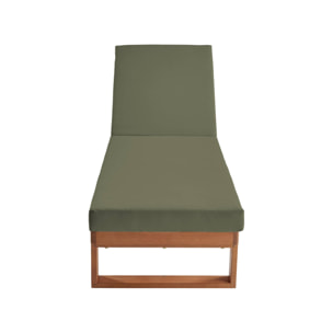 Bain de soleil en bois d'eucalyptus PAMPLONA. multi positions. toile en polyester kaki. 204 x 63 x 11.5 cm