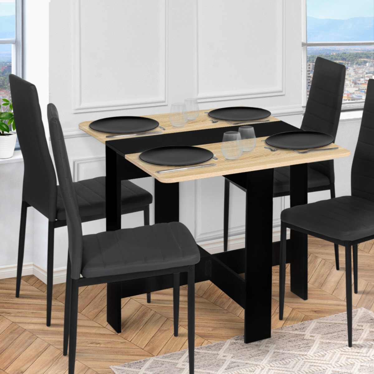 Table à manger carrée dépliable Edi bois et noir