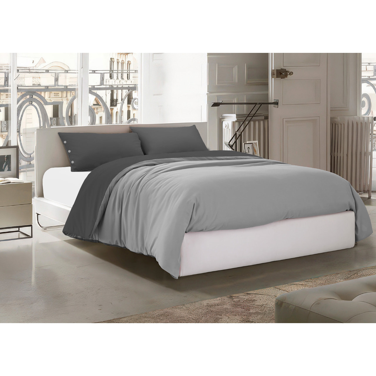 Parure Copripiumino Bicolor Estate/Inverno 100% Cotone Tinta Unita Amici Grigio Chiaro/Grigio Scuro