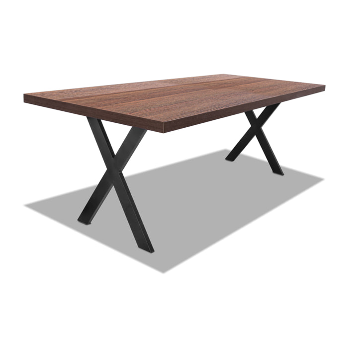 Tavolo da pranzo 220x100cm in legno e metallo con piedi ad "X" e ripiano in colore legno teak
