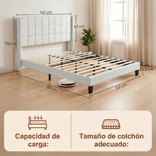 Cama Tapizada 135x190 cm con Cabecero Acolchado con Orejas y Almacenaje Inferior, Marco de Cama Doble con Somier de Lamas de Madera, Diseño Moderno, Fácil Montaje, Beige
