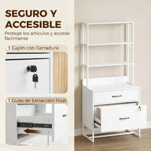 Cajonera Escritorio con Estantería, Mueble Archivador con 2 Cajones, Encimera para Impresora, Cerradura, para A4 Letter Legal, para Oficina, Estudio, Blanco