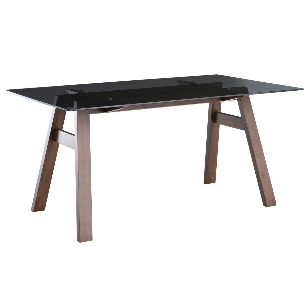 Table à manger design en verre fumé noir et bois foncé L160 cm BACCO