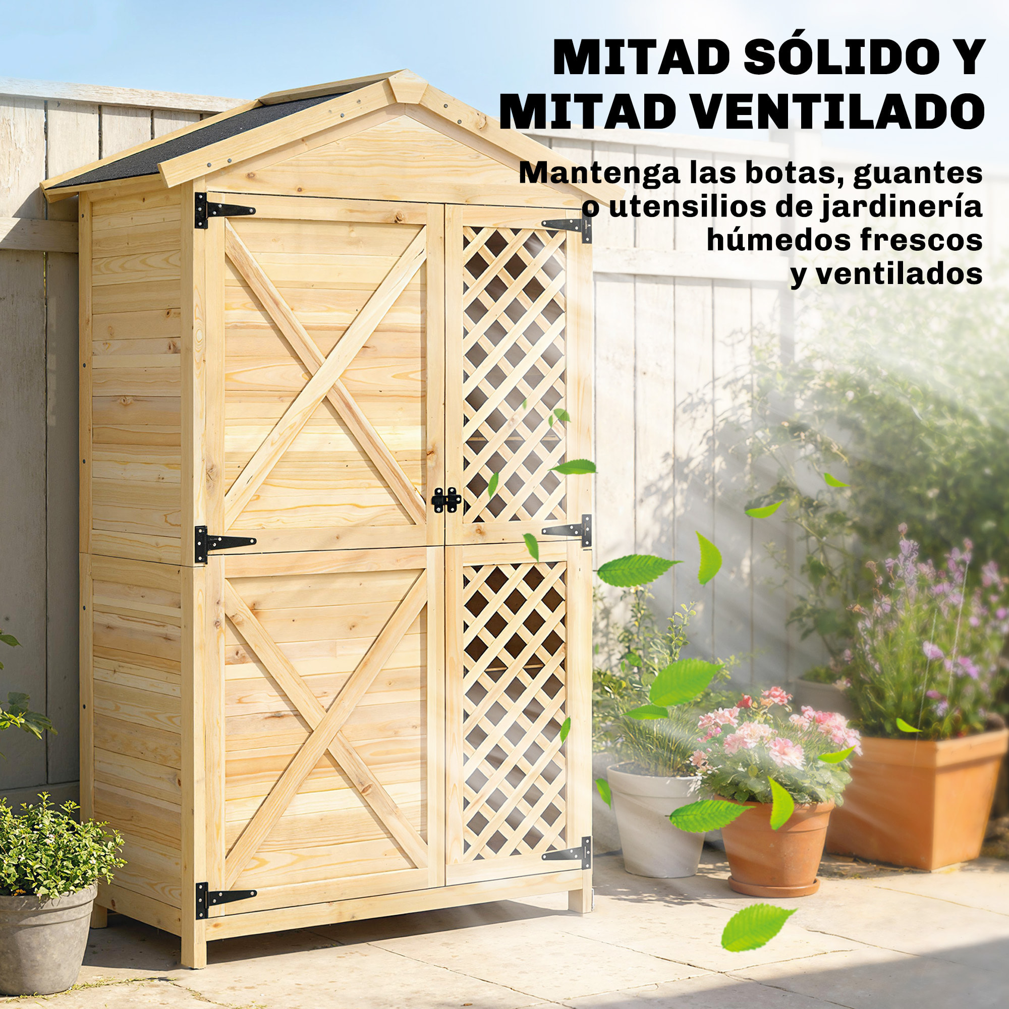Armario de Exterior de Madera Caseta Jardín Exterior con Techo de Asfalto 2 Puertas Ventiladas con Pestillo 2 Estantes Extraíbles Cobertizo de Jardín para Almacenaje Herramientas Natural