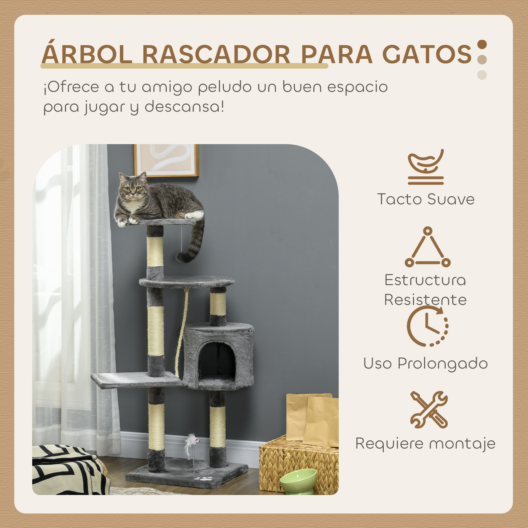Rascador para Gatos Altura 116 cm Árbol para Gatos Torre de Escalada con Postes Rascadores de Sisal Cueva Plataformas y Juguetes Divertidos Colgantes Gris Oscuro