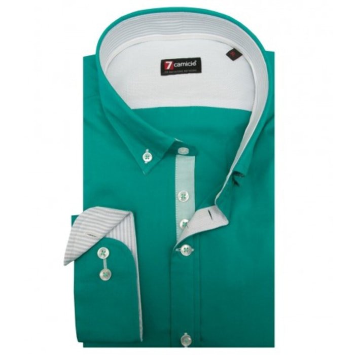 Camicia Uomo 1 Bottone Button Down Slim Popeline Stretch Unito Verde Smeraldo