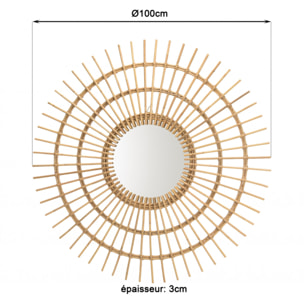 KALLY - Miroir rond 100cm modèle soleil en rotin couleur brun miel