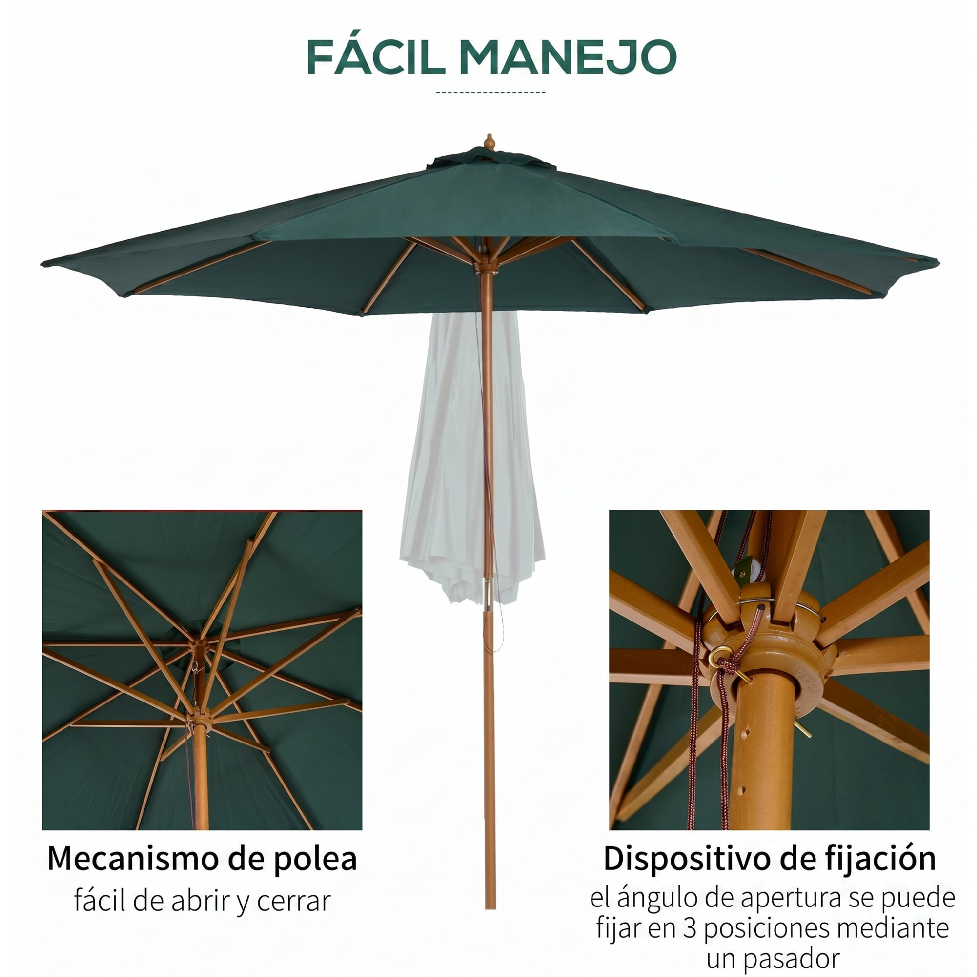 Outsunny Sombrilla Ø300x250 cm Parasol con Poste de Madera con Sistema de Poleas de 8 Varillas con Fijación para Jardín Patio Terraza Verde
