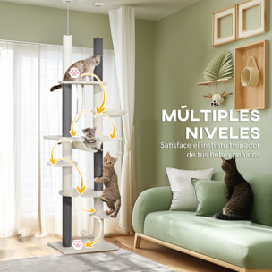 Árbol para Gatos de Suelo a Techo 225-255 cm Árbol Rascador para Gatos de 7 Niveles Torre para Gatos con Hamacas Plataformas Juguete de Cuerda Bola de Juguete Crema y Gris