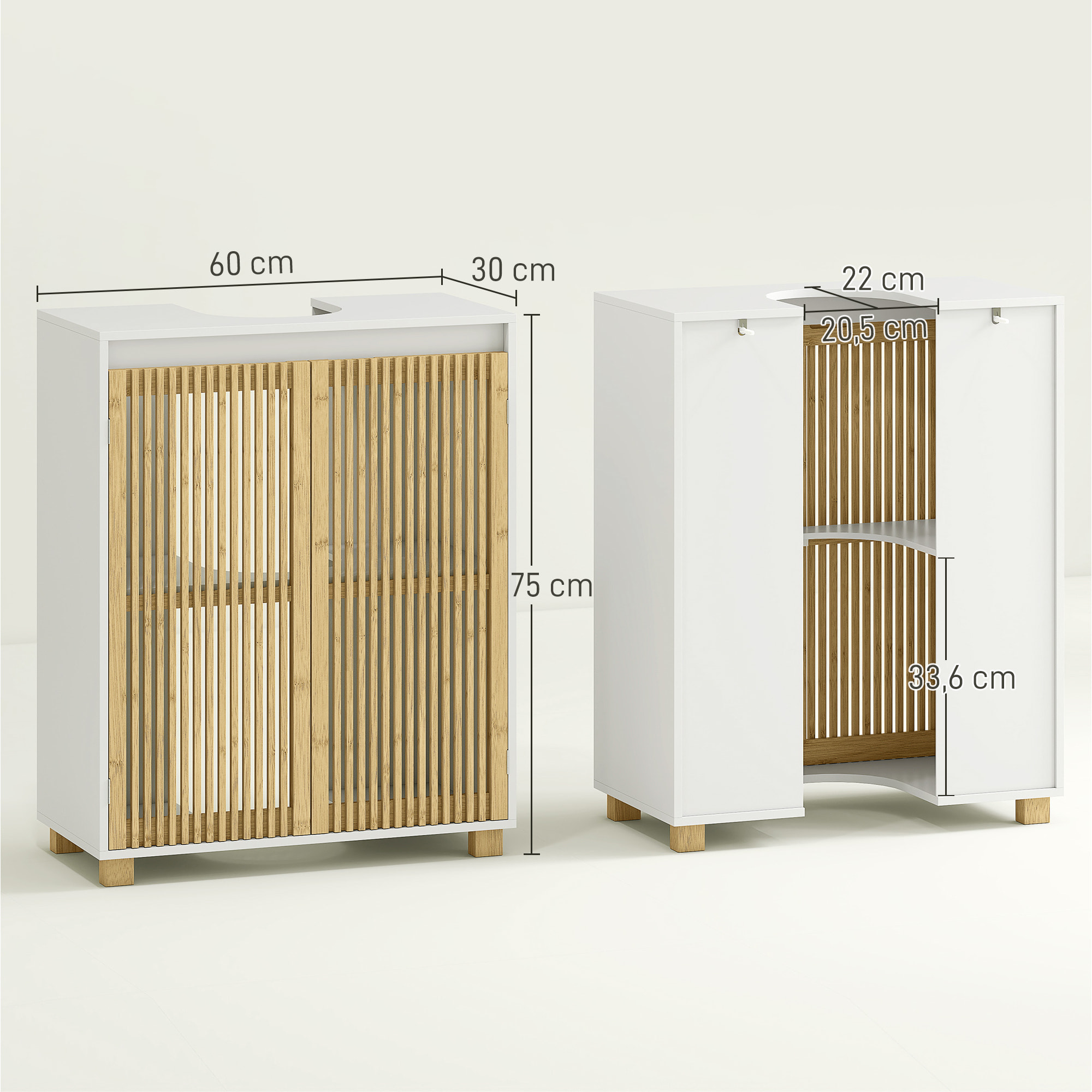 Meuble sous vasque en bois - 2 portes à lattes verticales, étagère - piètement bambou blanc