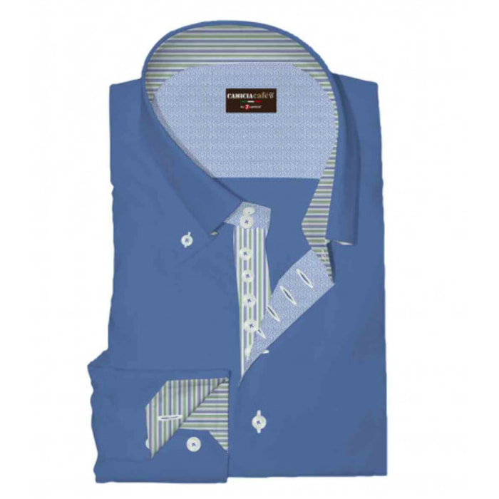 Camicia Uomo 2 Bottoni Button Down 7 Bottoni Slim Cotone Poliestere Oxford Blu Inchiostro