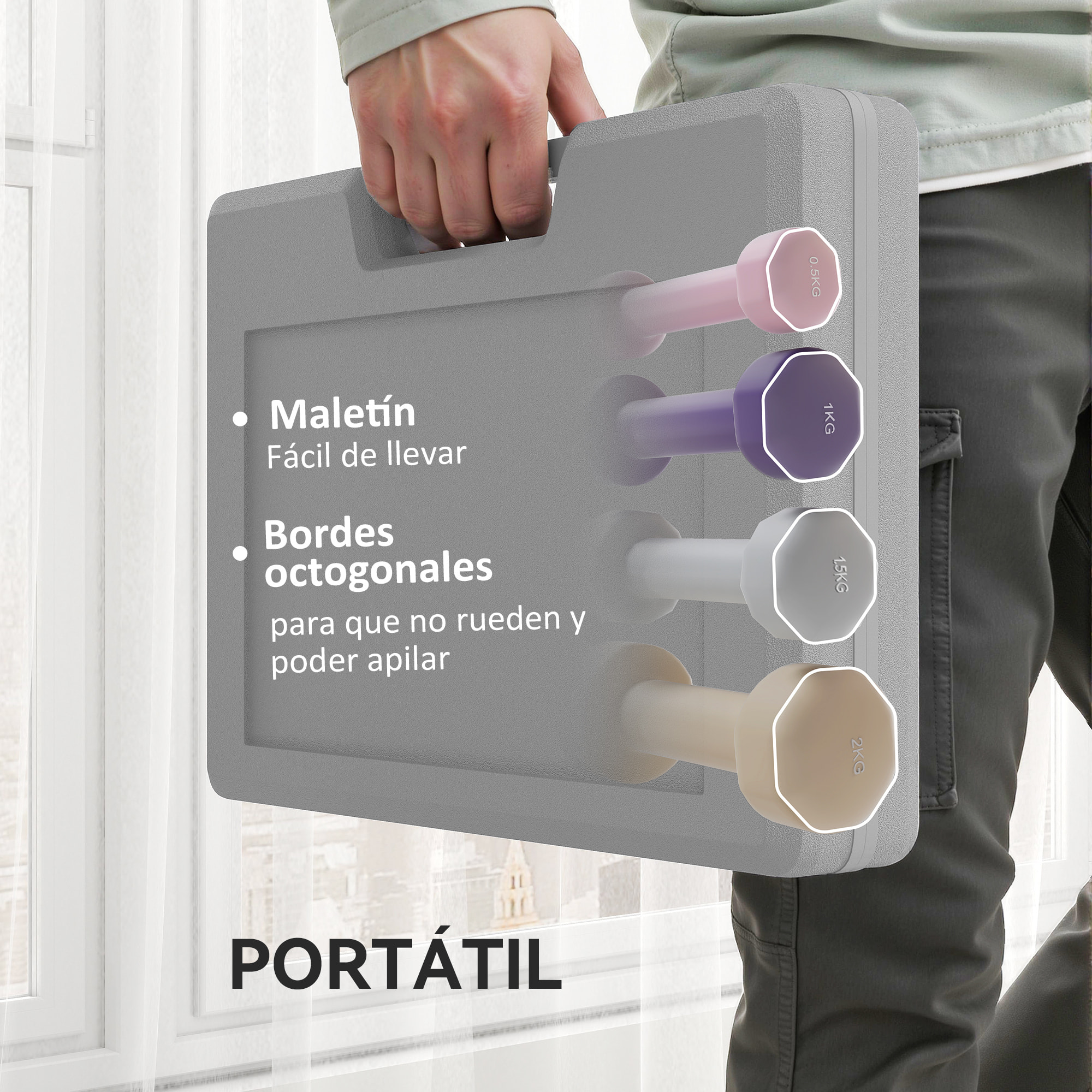 Juego de Mancuernas de 8 Piezas, Total 10 kg, 2x0,5 kg, 2x1 kg, 2x1,5 kg, 2x2 kg, Mancuernas Poligonales Antideslizantes y Estuche de Transporte para Ejercicio en Casa, Gimnasio, Multicolor